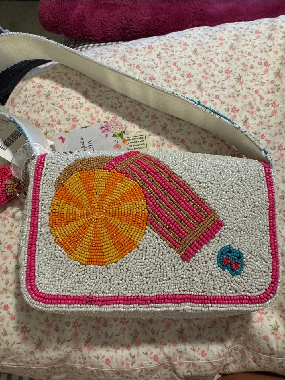 Hand-Beaded Multicolor Crossbody Bag - Pink/Blue Accents
